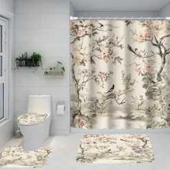 4-Piece Bathroom Set, Waterproof Polyester Shower Curtain with 12 Hooks 180cm*180cm(70