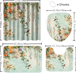 4-Piece Bathroom Set, Waterproof Polyester Shower Curtain with 12 Hooks 180cm*180cm(70