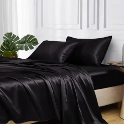 4-Piece Bed Sheets Set Deep Pocket Luxury Silk Satin Cooling Soft Plain Includes 1 Flat Sheet 1 Fitted Sheet 2 Pillowcase Suit