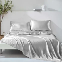 4-Piece Bed Sheets Set Deep Pocket Luxury Silk Satin Cooling Soft Plain Includes 1 Flat Sheet 1 Fitted Sheet 2 Pillowcase Suit