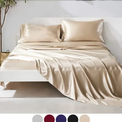 4-Piece Bed Sheets Set Deep Pocket Luxury Silk Satin Cooling Soft Plain Includes 1 Flat Sheet 1 Fitted Sheet 2 Pillowcase Suit