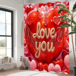 4-Piece Shower Curtain Set Valentine's Day Bathroom Decor , Modern Home Bathroom Decor with Bath Mat, U-Shaped Mat, Toilet Lid Cover, and 12 Hooks