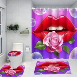4-Piece Shower Curtain Set Valentine's Day Bathroom Decor , Modern Home Bathroom Decor with Bath Mat, U-Shaped Mat, Toilet Lid Cover, and 12 Hooks