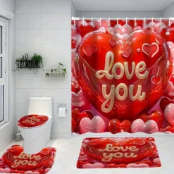 4-Piece Shower Curtain Set Valentine's Day Bathroom Decor , Modern Home Bathroom Decor with Bath Mat, U-Shaped Mat, Toilet Lid Cover, and 12 Hooks