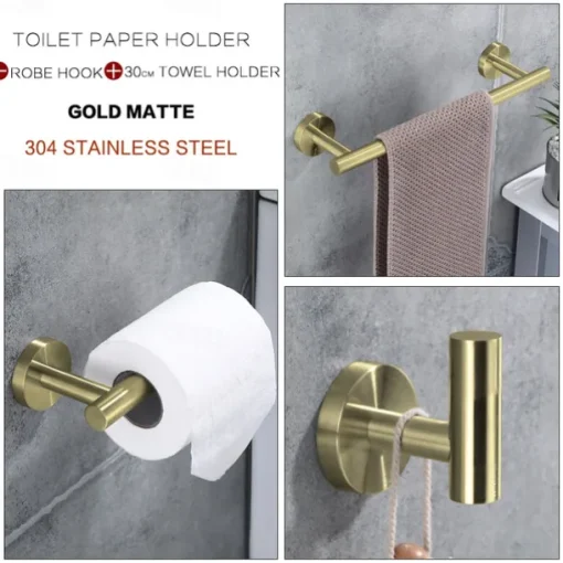 3-Piece Stainless Steel Bathroom Towel Rack Set - Includes Towel Bar, Toilet Paper Holder, and Hook - Available in 4 Finishes: Polished Chrome, Brushed Nickel, Black, and Brushed Gold