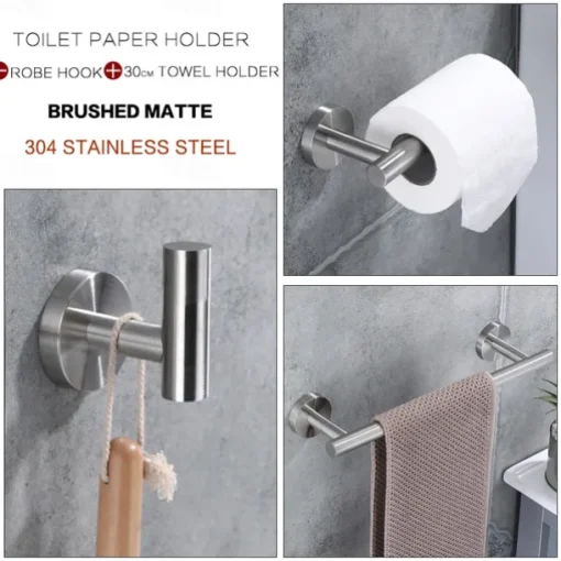 3-Piece Stainless Steel Bathroom Towel Rack Set - Includes Towel Bar, Toilet Paper Holder, and Hook - Available in 4 Finishes: Polished Chrome, Brushed Nickel, Black, and Brushed Gold