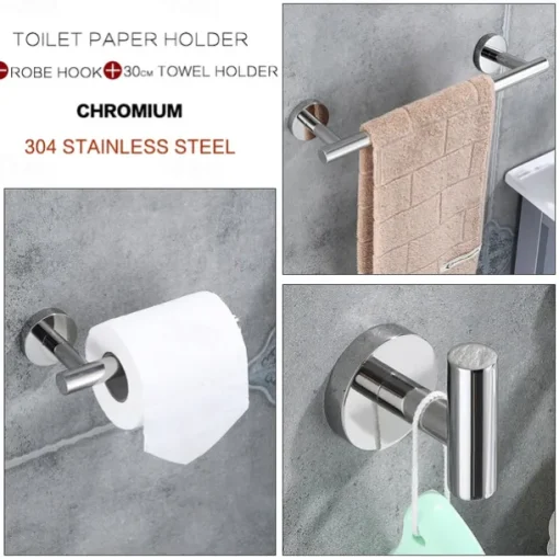 3-Piece Stainless Steel Bathroom Towel Rack Set - Includes Towel Bar, Toilet Paper Holder, and Hook - Available in 4 Finishes: Polished Chrome, Brushed Nickel, Black, and Brushed Gold