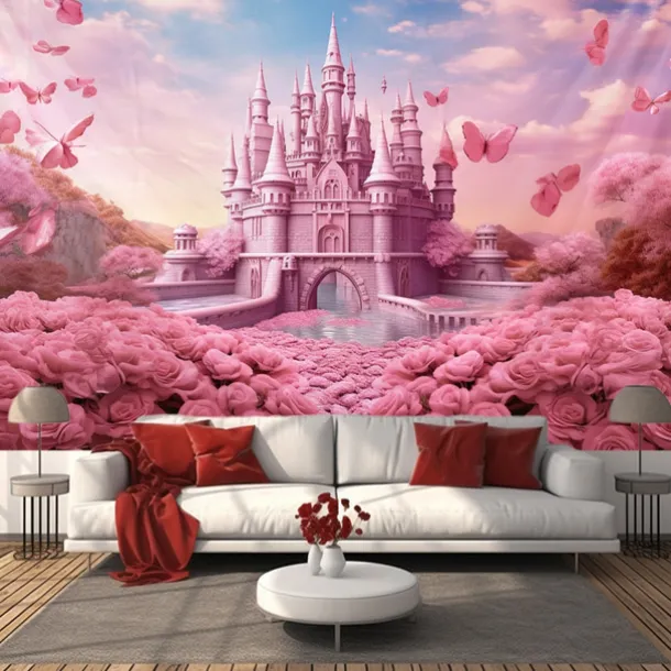 Pink Castle Hanging Tapestry Wall Art Large Tapestry Mural Decor Photograph Backdrop Blanket Curtain Home Bedroom Living Room Decoration