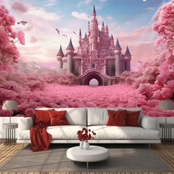 Pink Castle Hanging Tapestry Wall Art Large Tapestry Mural Decor Photograph Backdrop Blanket Curtain Home Bedroom Living Room Decoration
