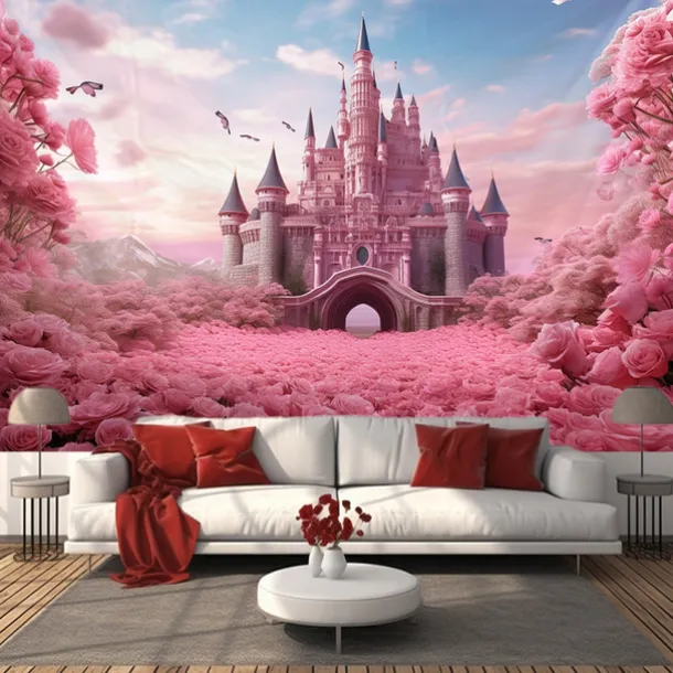 Pink Castle Hanging Tapestry Wall Art Large Tapestry Mural Decor Photograph Backdrop Blanket Curtain Home Bedroom Living Room Decoration