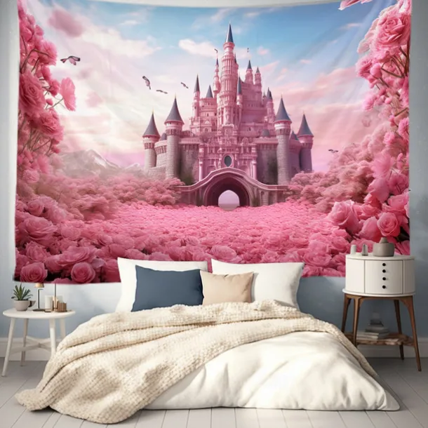 Pink Castle Hanging Tapestry Wall Art Large Tapestry Mural Decor Photograph Backdrop Blanket Curtain Home Bedroom Living Room Decoration