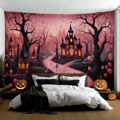 Pink Halloween Decorations Forest Hanging Tapestry Wall Art Large Tapestry Mural Decor Photograph Backdrop Blanket Curtain Home Bedroom Living Room Decoration