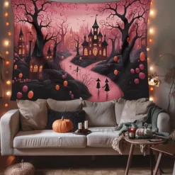 Pink Halloween Decorations Forest Hanging Tapestry Wall Art Large Tapestry Mural Decor Photograph Backdrop Blanket Curtain Home Bedroom Living Room Decoration