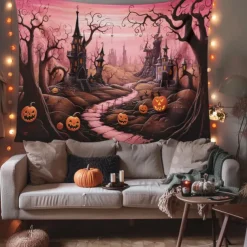 Pink Halloween Decorations Forest Hanging Tapestry Wall Art Large Tapestry Mural Decor Photograph Backdrop Blanket Curtain Home Bedroom Living Room Decoration