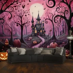 Pink Halloween Decorations Forest Hanging Tapestry Wall Art Large Tapestry Mural Decor Photograph Backdrop Blanket Curtain Home Bedroom Living Room Decoration