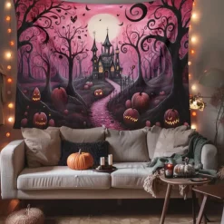 Pink Halloween Decorations Forest Hanging Tapestry Wall Art Large Tapestry Mural Decor Photograph Backdrop Blanket Curtain Home Bedroom Living Room Decoration