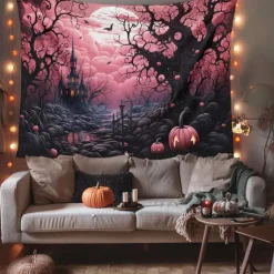 Pink Halloween Decorations Forest Hanging Tapestry Wall Art Large Tapestry Mural Decor Photograph Backdrop Blanket Curtain Home Bedroom Living Room Decoration