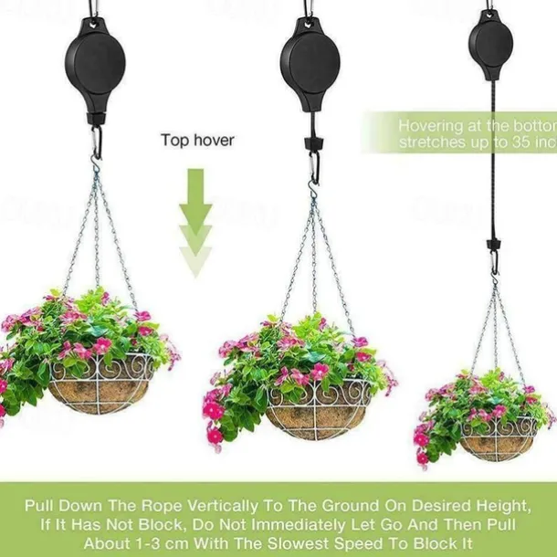 Plant Hook Pulley, Retractable Plant Hanger Flower Basket Pots and Birds Feeder Hang High up and Pull Down to Water Or Feed