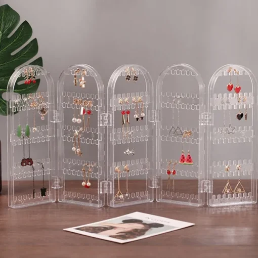 Plastic Clear Earrings Studs Display Rack Folding Screen Earring Jewelry Display Stand Holder Storage Box Gift For Women