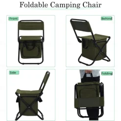 Portable Foldable Camping Chair with Cooler Bag, Lightweight Backrest Stool Compact Folding Chair Seat, Outdoor Backrest Stool with Folding Backpack for Camping Hunting Fishing Hiking