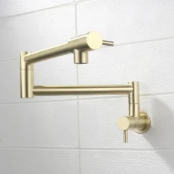Pot Filler Bathroom Faucet Only Cold Water Stainless Steel, Brushed Golden Nickel Foldable Sink Wall Mount Folding Fill Pot Basin Tap Double Joint Swing Arm Single Hole 2 Handle