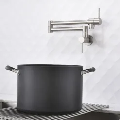 Pot Filler Kitchen Faucet Brushed Nickel, Foldable Sink Only Cold Water Taps, Wall Mount Brass Folding Fill Pot Kitchen Tap Double Joint Swing Arm Single Hole 2 Handle