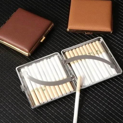Premium Genuine Leather Cigarette Case, Metal Frame, Magnetic Closure, Elegant Design for Men, Holds 20 Cigarettes