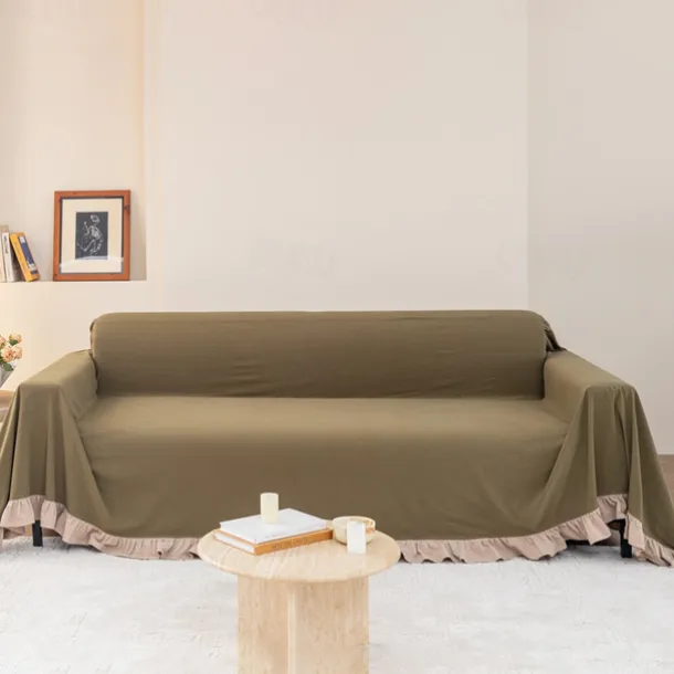 Primaloft Sofa Blanket Full Cover Pure Cotton Plain Color Not Fading Sofa Towel Sofa Cover with Ruffles