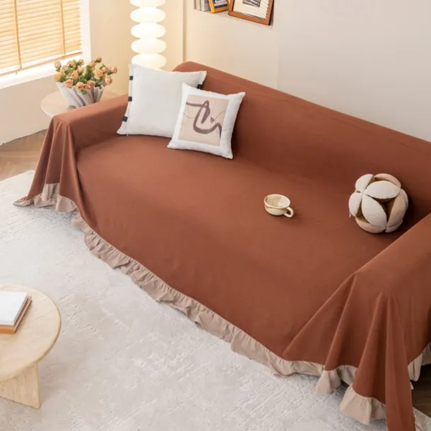 Primaloft Sofa Blanket Full Cover Pure Cotton Plain Color Not Fading Sofa Towel Sofa Cover with Ruffles