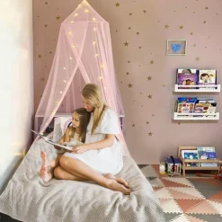 Princess Bed Canopy for Girls, Fantasy Tulle Girls Room Decor Crown Bed Curtains - 360° Encrypted Tulle Bed Canopy to Cover Toddler Crib