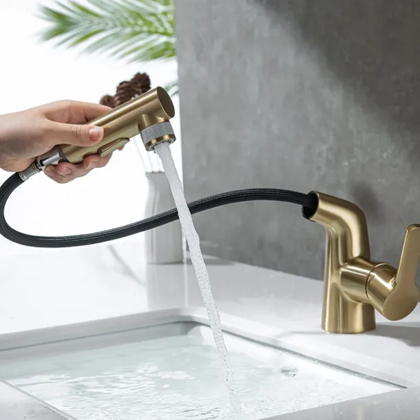 Pull Out Bathroom Sink Mixer Faucet, 360 swivel Pull Down Sprayer Basin Tap Brass, 2 Water Flow Modes with Rotating Spout, Single Handle Washroom Water Tap with Cold Hot Hose