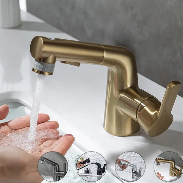 Pull Out Bathroom Sink Mixer Faucet, 360 swivel Pull Down Sprayer Basin Tap Brass, 2 Water Flow Modes with Rotating Spout, Single Handle Washroom Water Tap with Cold Hot Hose