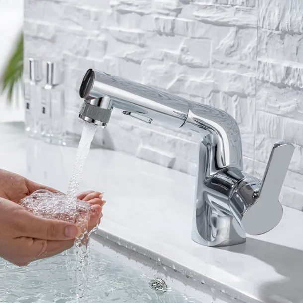 Pull Out Bathroom Sink Mixer Faucet, 360 swivel Pull Down Sprayer Basin Tap Brass, 2 Water Flow Modes with Rotating Spout, Single Handle Washroom Water Tap with Cold Hot Hose