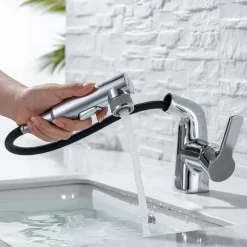 Pull Out Bathroom Sink Mixer Faucet, 360 swivel Pull Down Sprayer Basin Tap Brass, 2 Water Flow Modes with Rotating Spout, Single Handle Washroom Water Tap with Cold Hot Hose