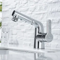 Pull Out Bathroom Sink Mixer Faucet, 360 swivel Pull Down Sprayer Basin Tap Brass, 2 Water Flow Modes with Rotating Spout, Single Handle Washroom Water Tap with Cold Hot Hose