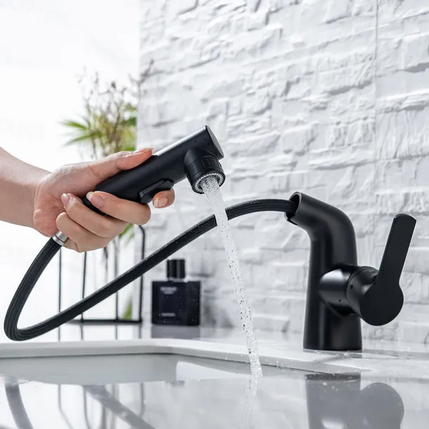 Pull Out Bathroom Sink Mixer Faucet, 360 swivel Pull Down Sprayer Basin Tap Brass, 2 Water Flow Modes with Rotating Spout, Single Handle Washroom Water Tap with Cold Hot Hose