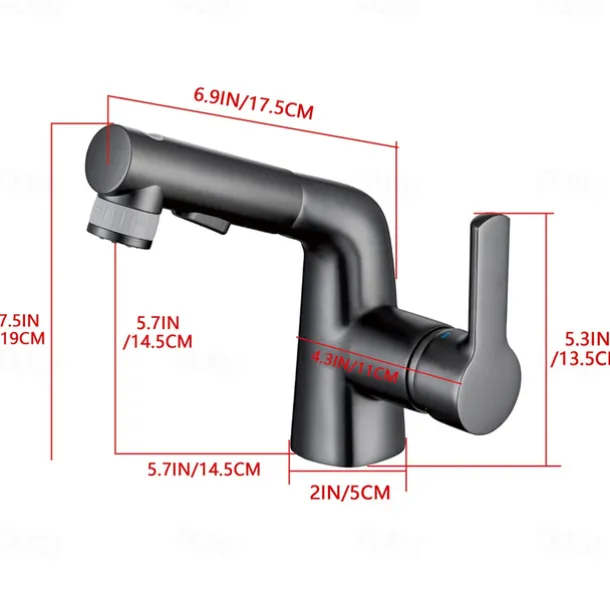 Pull Out Bathroom Sink Mixer Faucet, 360 swivel Pull Down Sprayer Basin Tap Brass, 2 Water Flow Modes with Rotating Spout, Single Handle Washroom Water Tap with Cold Hot Hose