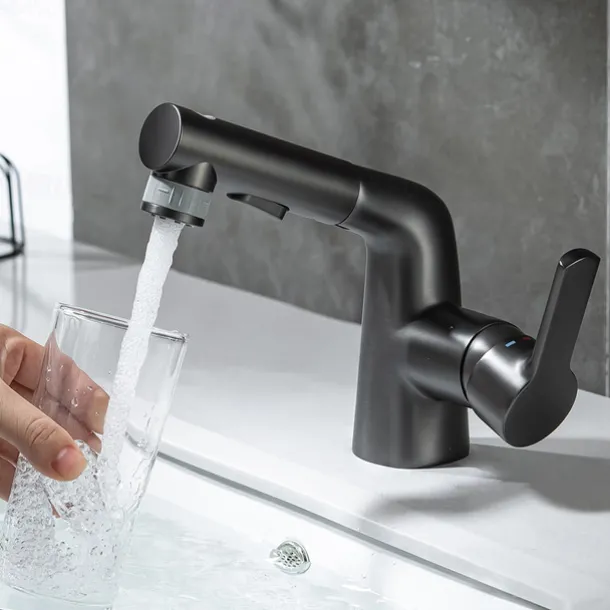 Pull Out Bathroom Sink Mixer Faucet, 360 swivel Pull Down Sprayer Basin Tap Brass, 2 Water Flow Modes with Rotating Spout, Single Handle Washroom Water Tap with Cold Hot Hose