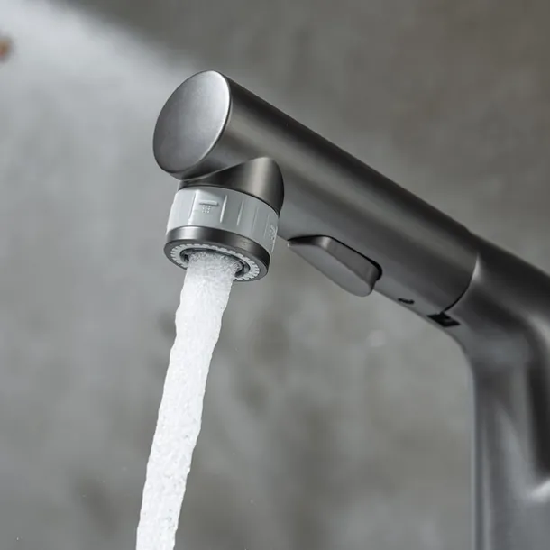 Pull Out Bathroom Sink Mixer Faucet, 360 swivel Pull Down Sprayer Basin Tap Brass, 2 Water Flow Modes with Rotating Spout, Single Handle Washroom Water Tap with Cold Hot Hose