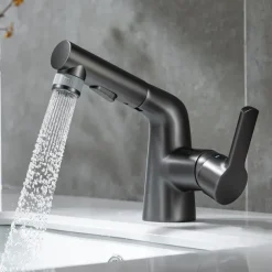 Pull Out Bathroom Sink Mixer Faucet, 360 swivel Pull Down Sprayer Basin Tap Brass, 2 Water Flow Modes with Rotating Spout, Single Handle Washroom Water Tap with Cold Hot Hose