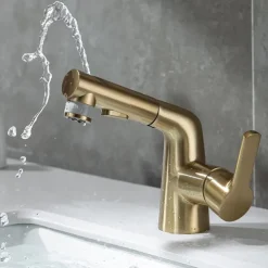 Pull Out Bathroom Sink Mixer Faucet, 360 swivel Pull Down Sprayer Basin Tap Brass, 2 Water Flow Modes with Rotating Spout, Single Handle Washroom Water Tap with Cold Hot Hose