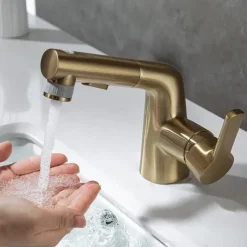 Pull Out Bathroom Sink Mixer Faucet, 360 swivel Pull Down Sprayer Basin Tap Brass, 2 Water Flow Modes with Rotating Spout, Single Handle Washroom Water Tap with Cold Hot Hose