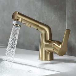 Pull Out Bathroom Sink Mixer Faucet, 360 swivel Pull Down Sprayer Basin Tap Brass, 2 Water Flow Modes with Rotating Spout, Single Handle Washroom Water Tap with Cold Hot Hose