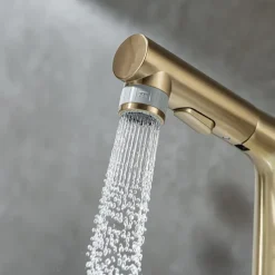 Pull Out Bathroom Sink Mixer Faucet, 360 swivel Pull Down Sprayer Basin Tap Brass, 2 Water Flow Modes with Rotating Spout, Single Handle Washroom Water Tap with Cold Hot Hose