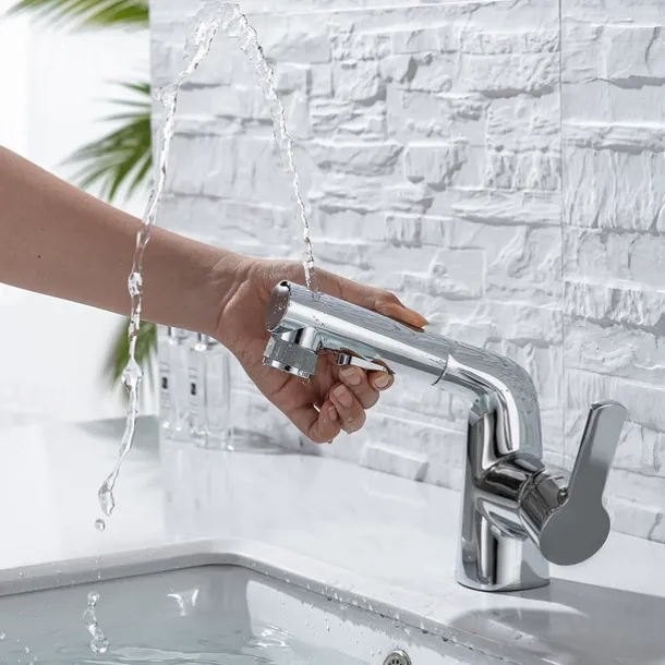 Pull Out Bathroom Sink Mixer Faucet, 360 swivel Pull Down Sprayer Basin Tap Brass, 2 Water Flow Modes with Rotating Spout, Single Handle Washroom Water Tap with Cold Hot Hose