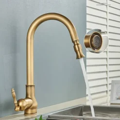 Pull Out Kitchen Faucet Sink Mixer with Sprayer, Antique 360° Swivel Single Handle One Hole Pull Down Kitchen Vessel Tap Deck Mounted, with Hot and Cold Water Hose