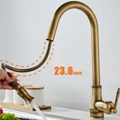 Pull Out Kitchen Faucet Sink Mixer with Sprayer, Antique 360° Swivel Single Handle One Hole Pull Down Kitchen Vessel Tap Deck Mounted, with Hot and Cold Water Hose
