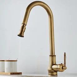 Pull Out Kitchen Faucet Sink Mixer with Sprayer, Antique 360° Swivel Single Handle One Hole Pull Down Kitchen Vessel Tap Deck Mounted, with Hot and Cold Water Hose