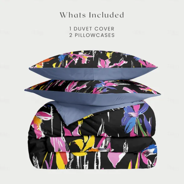 Purple Black Floral Series Duvet Cover Set King Queen Size 3-Piece Set Microfiber Bedding Set Perfect for Mother's Day Gift Super Soft Skin Friendly Long Lasting