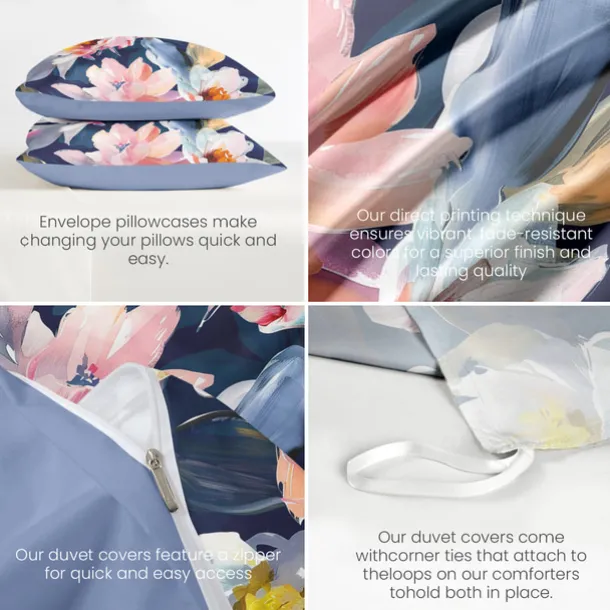 Purple Black Floral Series Duvet Cover Set King Queen Size 3-Piece Set Microfiber Bedding Set Perfect for Mother's Day Gift Super Soft Skin Friendly Long Lasting